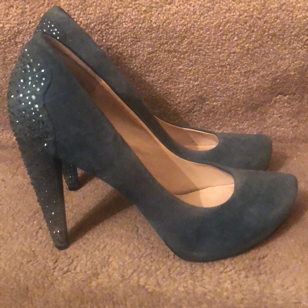 NINE WEST-PRETTY TEAL BLUE SUEDE HI HEEL W/COLORED STONES - Picture 12 of 12